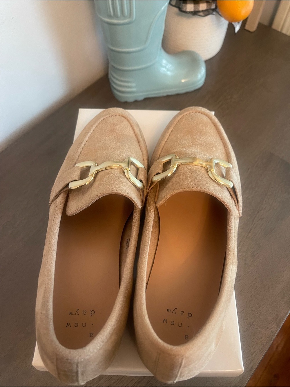 a new day Tan Suede Loafers with Gold Chain